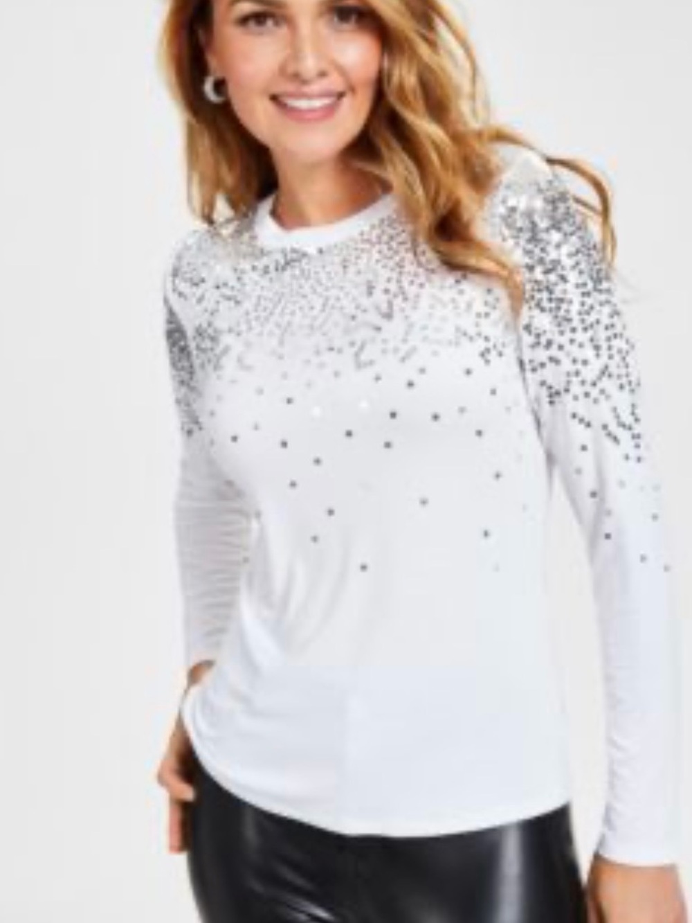 INC International Concepts White Long Sleeve Sequin Embellished Tee $29 NWT